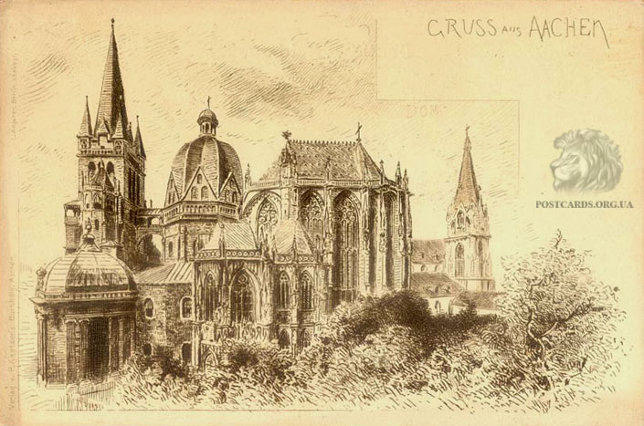 Gruss aus Aachen — почтовое отправление 1902 года. Открытка с изображением старой гравюры Aachen Cathedral