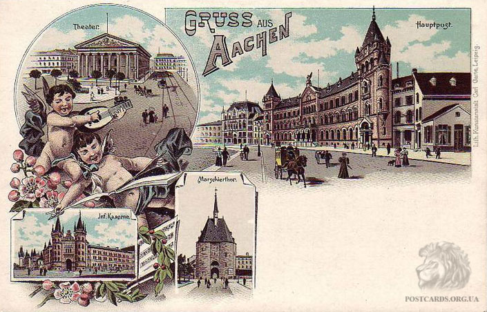 Gruss aus Aachen — Hauptpost, Theater, Marschierthor. Почтовое отправление прошлого века 1897 год — литография
