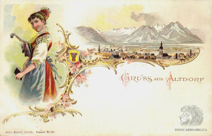 Gruss aus Altdorf — литография начала века. Старая открытка с видом города Альтдорф