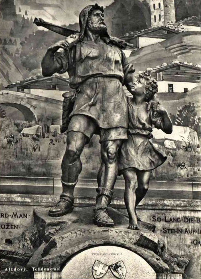 Старая открытка — памятник Вильгельму Теллю с сыном в городе Altdorf. Telldenkmal