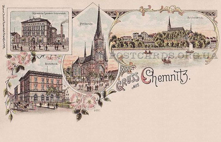 Gruss aus Chemnitz — открытка 1898 года с видом города красных тюльпанов