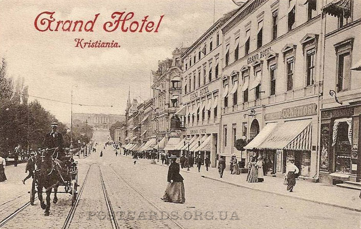 Старая открытка Grand Hotel в Khristiania — одно из бывших названий Осло
