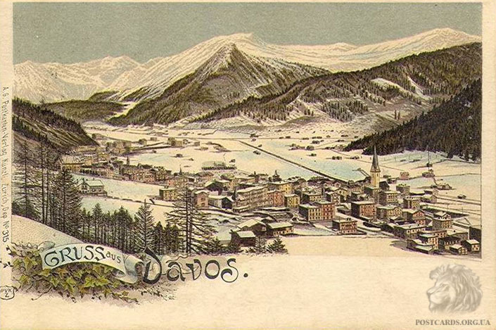 Gruss aus Davos — общий вид города Давос. Открытка 1901 года
