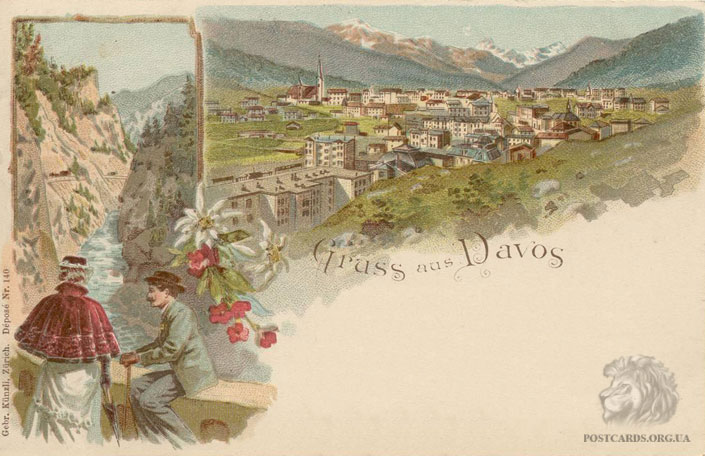 Литография начала века — Gruss aus Davos — романтическая открытка 1901 года с видом швейцарского Давоса