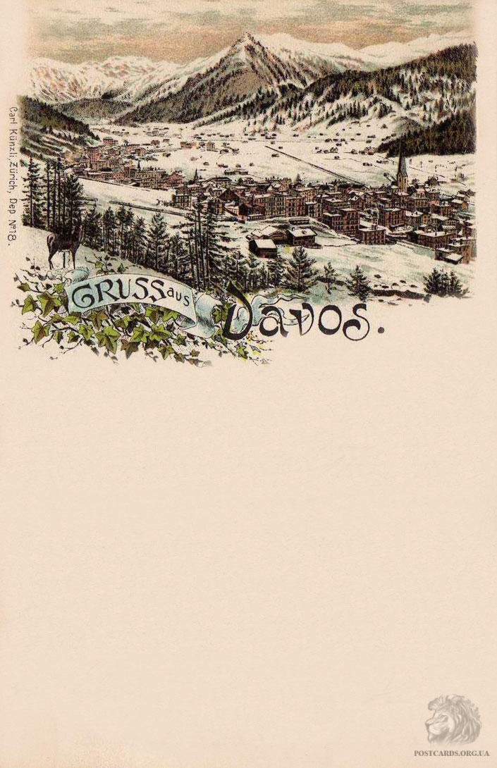 Gruss aus Davos — панорамное изображение города Давос. Открытка 1898 года