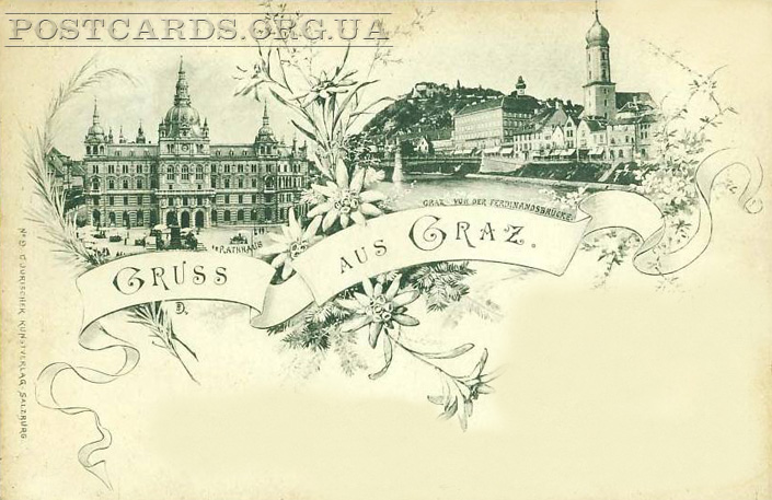 Gruss aus Graz — старая открытка Rathhaus, Graz von der Ferdinandsbrucke. 1897 год