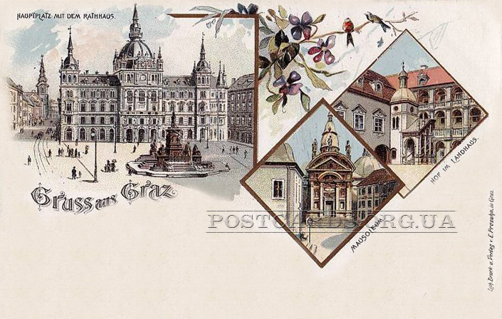 открытка с видом города Graz Hauptplatz mit dem Rathhaus. Mausoleum. Hof im Landhaus. 1899 года