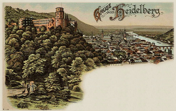 Открытка Gruss aus Heidelberg 1900 года с видом на город