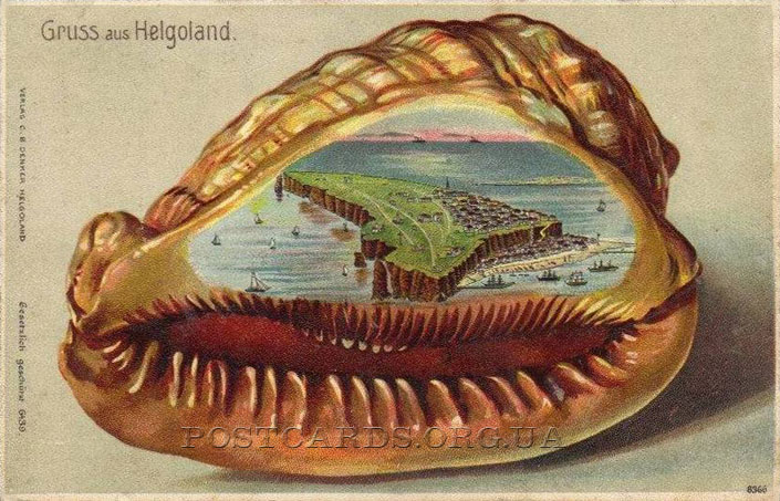 Gruss aus Helgoland — открытка с видом острова Helgoland стилизированная под морскую ракушку