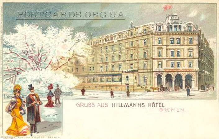 Gruss aus Hillmanns Hotel — рекламная открытка с зимним видом отеля Hillmanns, расположенного в Бремене