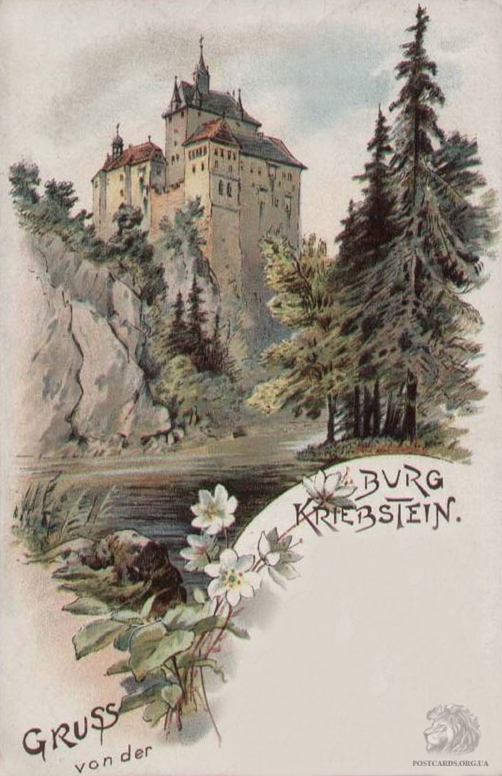 Gruss von der Burg Kriebstein — литография начала века, открытка с видом замка Крибштайн 1901 года