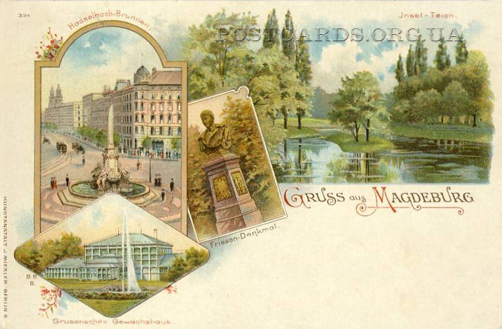 Gruss aus Magdeburg — открытка Магдебурга с видами Hasselbachbrunnen и Friesen Denkmal 1898 года