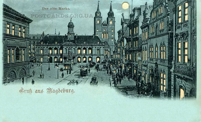 Gruss aus Magdeburg — ночной вид Магдебурга — Der alte Markt — открытка 1900 года