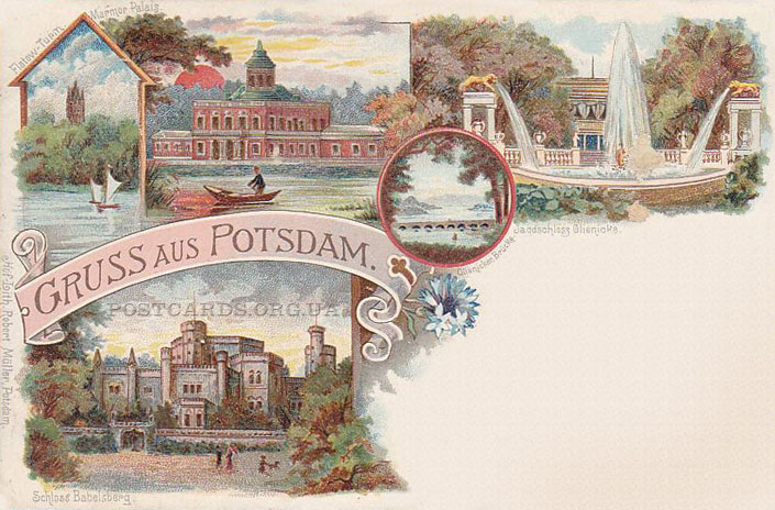 Gruss aus Potsdam — открытка Потсдама с видами Marmor Palais и Schloss Babelsberg 1897 года