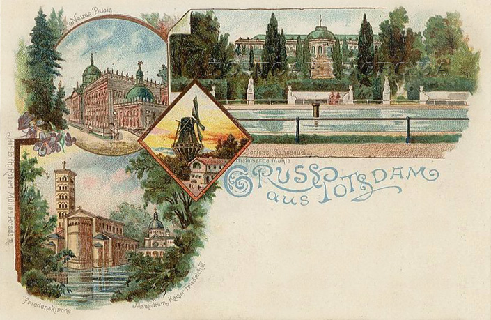 Gruss aus Potsdam — открытка Потсдама с видами Schloss Sanssouci и Neues Palais 1900 года