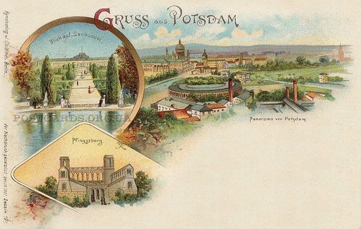Gruss aus Potsdam — открытка с панорамой Потсдама и видом Pfingsberg 1900 года