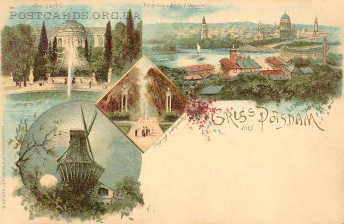 Gruss aus Potsdam — мультивидовая открытка Потсдама 1898 года с видами Historische Muhle и Sanssouci