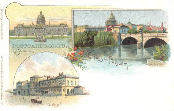 Открытка с видами вокзала и моста в Потсдаме 1900 года — Gruss aus Potsdam