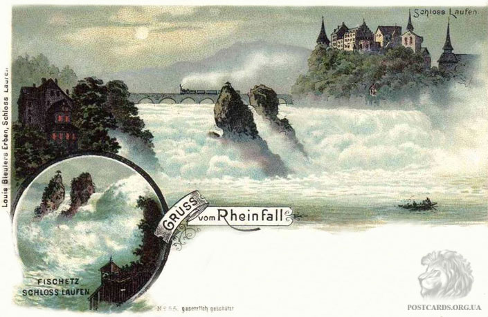 Gruss vom Rheinfall — открытка начала века с общим видом Rheinfall — Fischetz Schloss Laufen 1901 год
