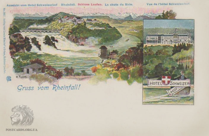 Литография начала века — Gruss vom Rheinfall — Hotel Schweizerhof. Schloss Laufen. La chute du Rhin 1902