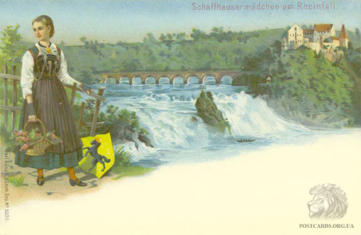 Schaffhausermadchen am Rheinfall — открытка 1899 года — вид Rheinfall