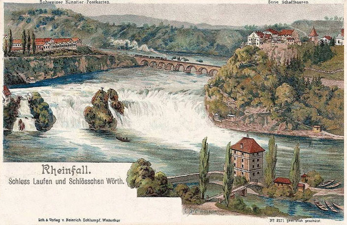 Открытка 1887 года с видом рейнского водопада — Schloss Laufen und Schlosschen Worth