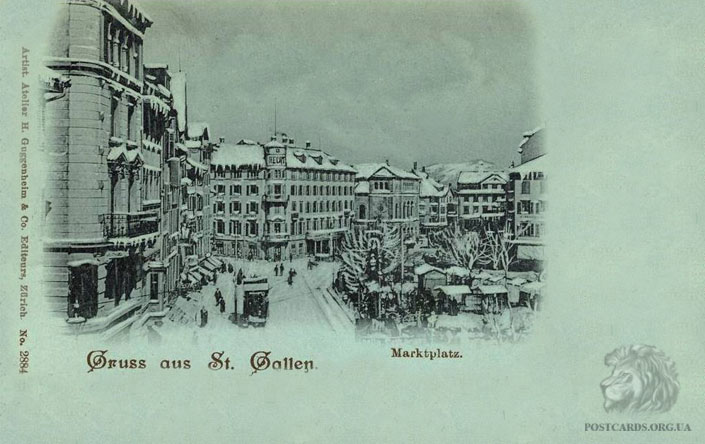 Gruss aus St. Gallen — Marktplatz. Открытка с изображением центральной площади города Sankt Gallen в зимнее время 1899 года