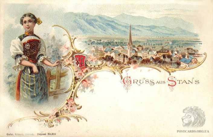 Gruss aus Stans — литография, старая открытка швейцарского городка Штанс