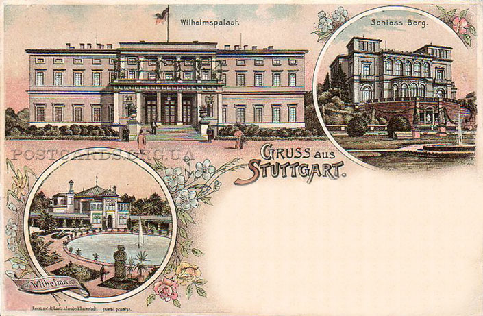 Gruss aus Stuttgart — открытка Штутгарта с видами Wilhelmspalast и Schloss Berg 1901 года
