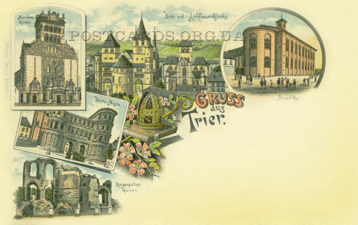 Gruss aus Trier — мультивидовая открытка города Трир — Basilika St. Matthias. Porta nigra