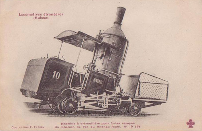 Открытка с видом локомотива, который поднимался на вершину горы Риги в Вицнау