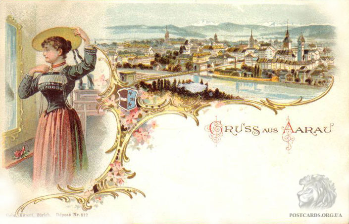 Gruss aus Aarau — привет из Аарау. Открытка начала века с изображением девушки в традиционном для Aarau костюме