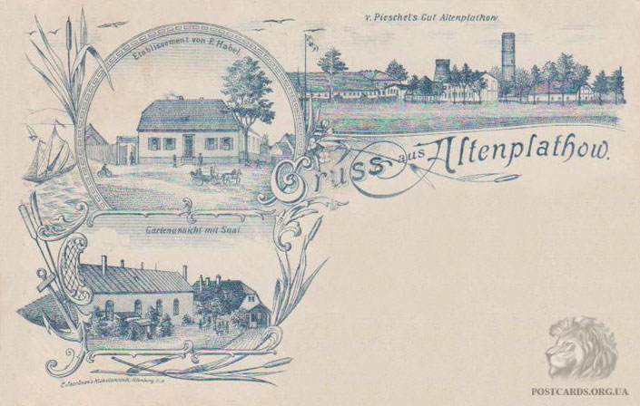 Gruss aus Altenplathow — v. Pieschets Gut Altenplathow. мультивидовая открытка городка Altenplathow 1897 года