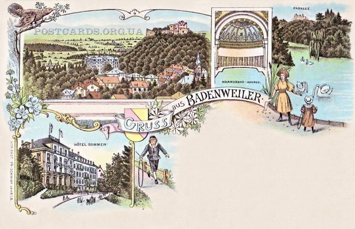 Gruss aus Badenweiler — старая мультивидовая открытка коммуны Баденвайлер 1901 года с видами Hotel Sommer и Marmorbad
