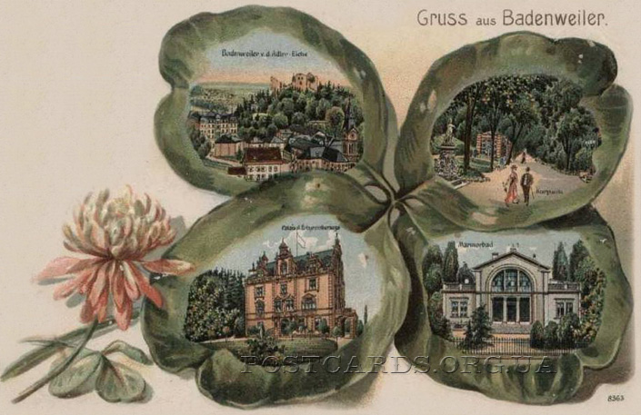 Литография прошлого века — Gruss aus Badenweiler с видами Kurpark, Marmorbad, Palais и Teilansicht