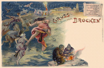 Открытка Gruss vom Brocken — ведьмы, слетающиеся на парзднование Вальпургиевой ночи