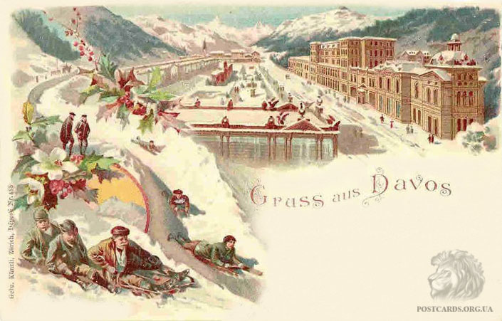 Gruss aus Davos — открытка начала века с видом города Давос 1900 года
