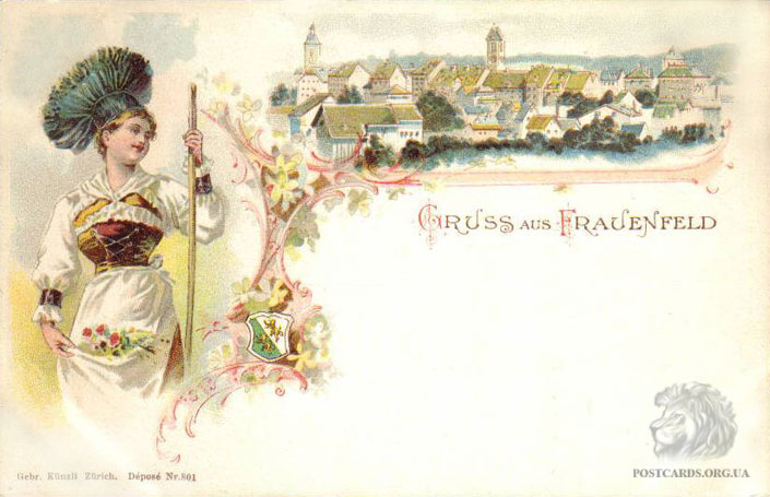 Gruss aus Frauenfeld — привет из Фрауэнфельда. Открытка 1900 года с изображением девушки в традиционном для города костюме. Литография