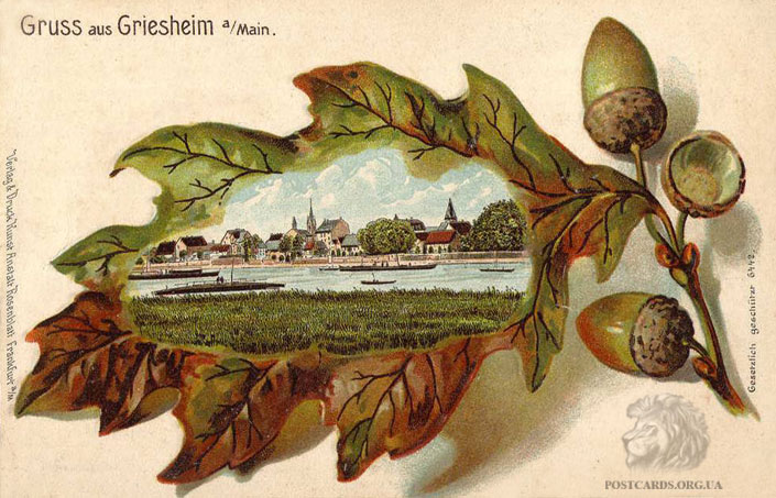 Gruss aus Griesheim — общий вид города Грисхайм. Старая открытка, стилизация под лист дуба