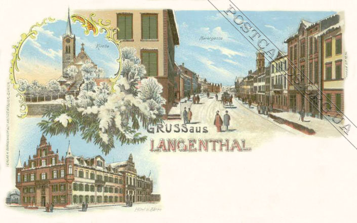 Литография начала века — Gruss vom Langenthal — зимний вид города Лангенталь