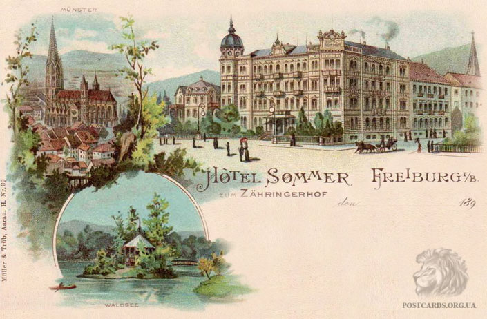 Hotel Sommer. Freiburg — рекламная открытка отеля Sommer в городе Фрайбург начала века