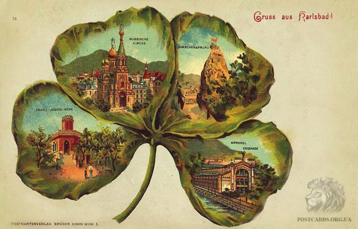 Литография начала века — Gruss aus Karlsbad — стилизированная под лист открытка 1907 года