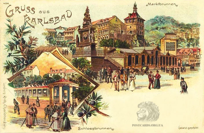 Gruss aus Karlsbad — открытка-литография прошлого с видами города Karlovy Vary 1898 года