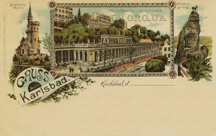 Открытка Gruss aus Karlsbad 1897 года — Stephaniewarte. Hirgchen-sprung
