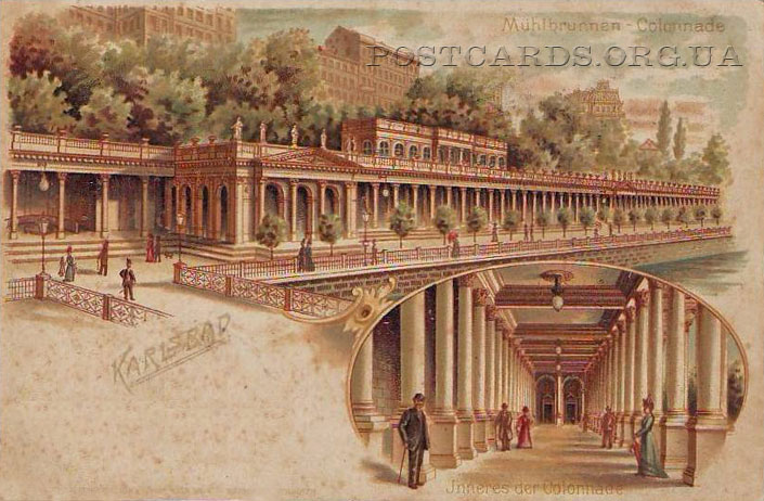 Открытка Karlsbad 1905 года — виды Muhlbrunnen Colonnade и Jnneres der Colonnade