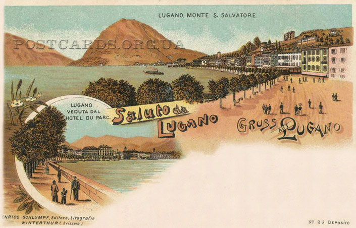 Saluto da Lugano — открытка с видами Monte S. Salvatore и Veduta dal Hotel du Parс