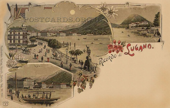Открытка Ricordo di Lugano — мультивидовое открытое письмо 1900 года города Лугано