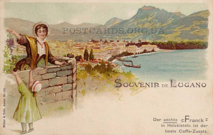 Открытка Souvenir de Lugano с общим видом города Лугано