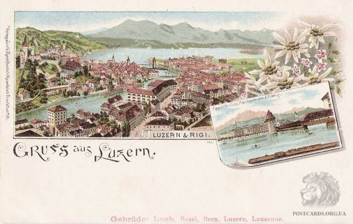 Gruss aus Luzern — Luzern & Rigi. Открытка города Люцерн 1902 года с видом водонапорной башни Wasserturm