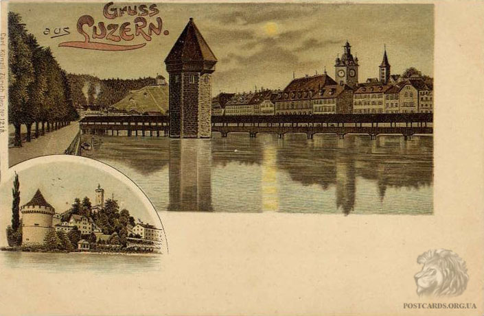 Gruss aus Luzern — открытка Люцерна 1902 года с видом Kapellbrucke и Wasserturm